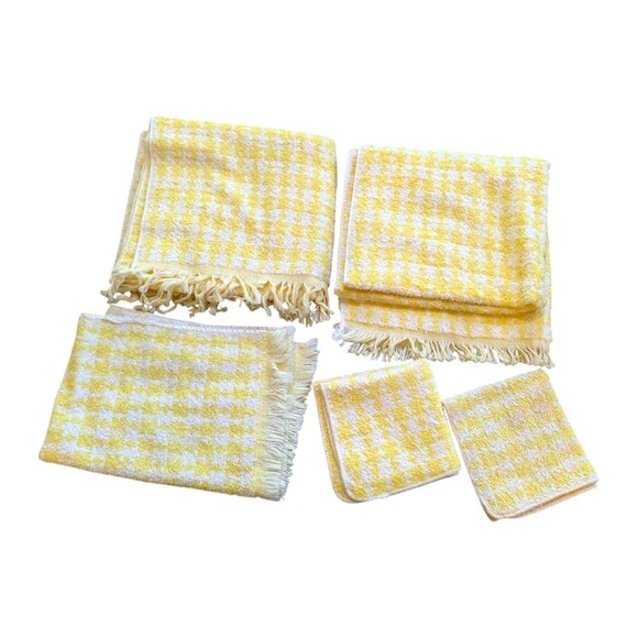 Set of 5 Vintage Cannon Bath Hand Towel Face Cloth Yellow White Sculpted Fringed - Picture 1 of 15